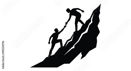Two figures assist each other climbing a steep jagged mountain emphasizing support and resilience presented as a silhouette high quality professional