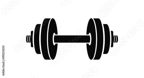 A stark black depiction of a barbell with circular weight plates on either side presented as a silhouette