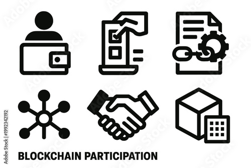 Blockchain Icon Set. Blockchain Participation silhouette set: user wallet, governance ballot, contribution icon, smart contract, node connection, network handshake, data block,