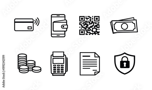 Payment methods: contactless card, mobile wallet, QR code, cash banknotes, coins stack, payment terminal, invoice document, lock shield.
