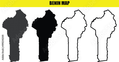 Four variations of benin country map outlines, including dotted and solid black shapes