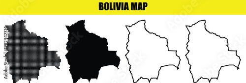 Four variations of bolivia map outlines, including dotted, solid, and line styles