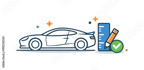 Product development and prototyping shown as an industrial design scenario, a clean side view car sketch paired with a small ruler symbol representing measurement and