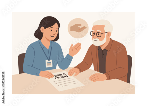 A social support interaction where a service worker helps an elderly person understand pension options and application steps, reflecting guidance, accessibility, and care