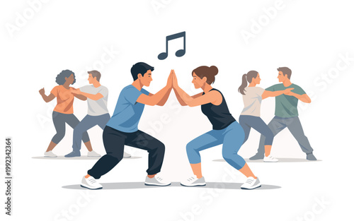 Group dance practice moment where participants learn and coordinate movements together, highlighting teamwork, timing, and shared experience in a structured activity,