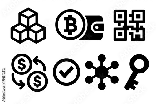 Crypto Icon Set. Crypto Peer Payments silhouette set: blockchain cube, digital token, wallet connection, QR scan, transaction flow, confirmation badge, decentralized network, key