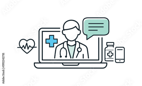 Telemedicine enabling remote healthcare access and patient consultation through digital platforms in a modern medical environment, a laptop displaying a doctor figure