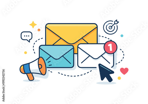 Email marketing and outreach campaigns in a digital marketing context highlighting communication flow and audience engagement, multiple envelopes combined with a small