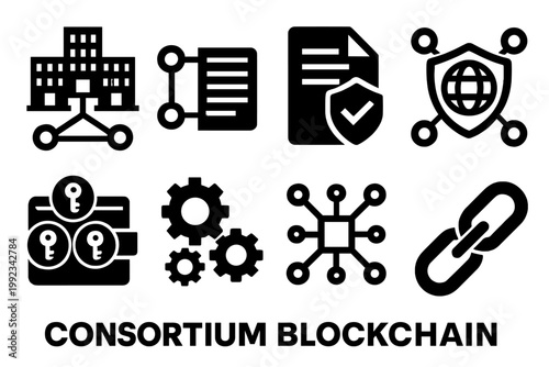 Brutalist Blockchain Icons. Consortium Blockchain silhouette set: connected companies, shared ledger, governance document, secure network, multi-signature wallet, consensus gears,