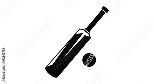 A striking black silhouette depicts a cricket bat and ball showcasing a popular sport s essential equipment silhouette
