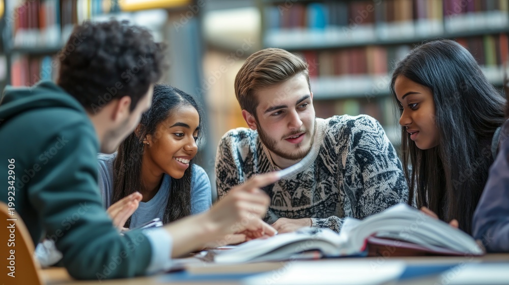 Obraz premium Students collaborating on a research project inside a library while reviewing open textbooks and discussing academic topics at a wooden study table.