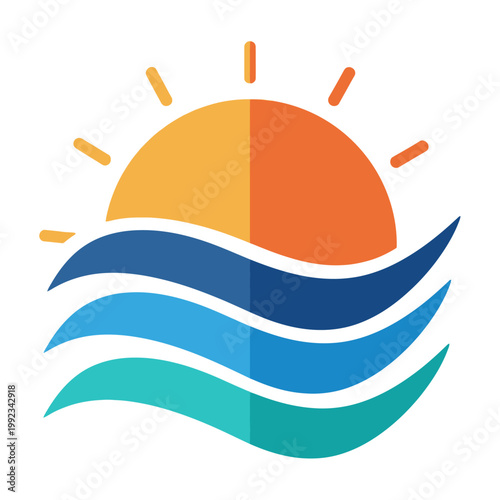 A stylized illustration of a sunrise over wavy ocean waters.