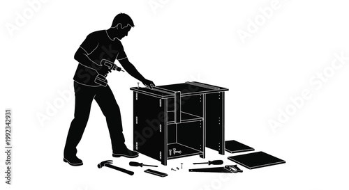 A man is assembling a cabinet with tools scattered around depicted in a striking black silhouette high quality professional detailed modern
