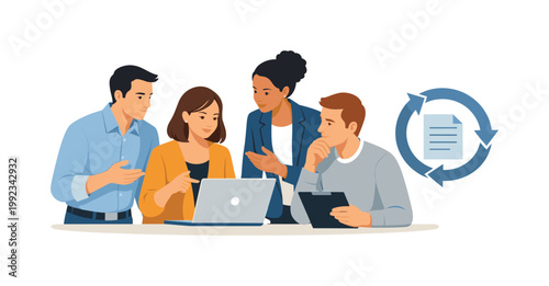 A team aligning recurring service workflows during a collaborative coordination discussion, gathered near a laptop while interacting with a simple circular loop and