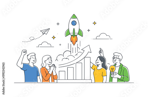 Individuals celebrating the start of a new creative initiative or business venture as part of a growth journey, visualized with a metaphor of a simple launch symbol