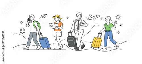 People managing luggage and preparing for travel experiences such as vacations or business trips in everyday life, represented through a metaphor of rolling suitcases