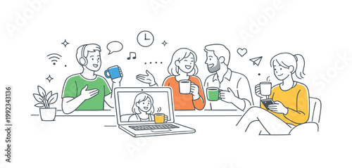 Remote coffee break during a work-from-home routine where individuals take a pause while staying connected digitally, depicted by a laptop and a coffee mug as the main