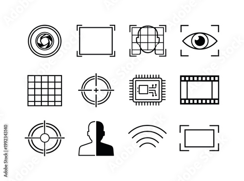 Computer vision detection: camera lens, bounding box object, facial recognition grid, eye scan frame, image pixel grid, detection crosshair, ai vision chip, video frame,