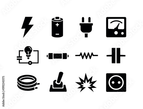 Voltage and electricity basics: lightning bolt, battery cell, power plug, voltage meter, electric circuit, fuse, resistor, capacitor, wire cable, switch toggle, energy