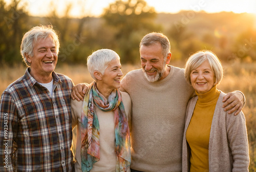 Group of four happy senior friends laughing together in nature at sunset