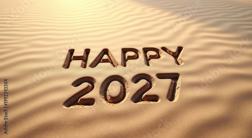 Happy 2027 sand with the sun shining behind it