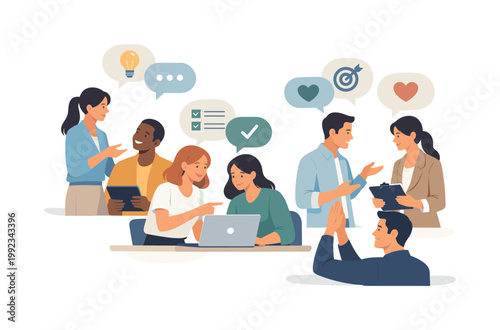 Workplace collaboration and communication concept illustrating how team members share ideas, coordinate tasks, and support each other in modern office environments,