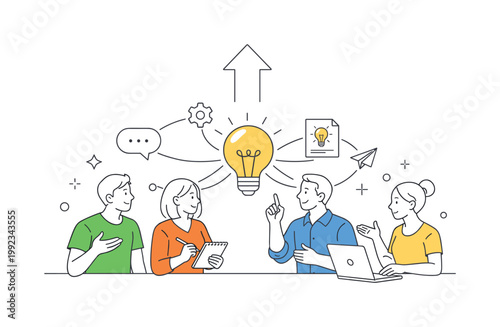 A collaborative creativity scenario where teams share perspectives to develop innovative ideas and solutions together, depicted through a simple scene with a central idea