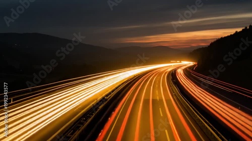 Long exposure of car lights on highway at dusk with mountainous silhouette backdrop