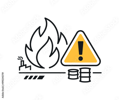 Industrial safety compliance and warning communication in hazardous zones, a stylized flame combined with a simple exclamation mark icon indicating danger and immediate