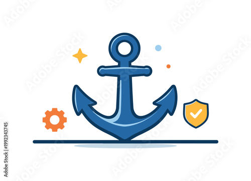 Stability and long-term security presented as a business resilience concept, a single anchor placed on a simple flat base line symbolizing firm grounding and reliability