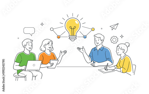A knowledge sharing scenario where colleagues exchange ideas and insights to improve team performance and understanding, using a visual metaphor of a simple light bulb