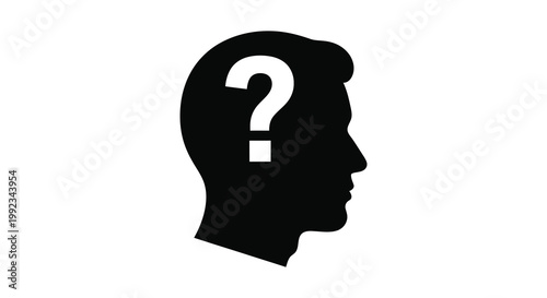 A stark black silhouette of a human head with a question mark replacing the brain symbolizing uncertainty high quality professional detailed