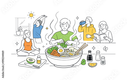 Individual preparing a healthy homemade meal in a kitchen environment as part of a mindful daily routine, represented through a metaphor of a ramen bowl with neatly