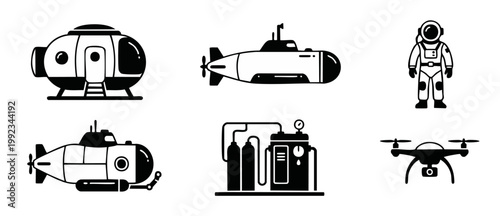 Transportation Technology Icon Set: Submarine, Astronaut, Drone, and Deep Sea Exploration Equipment. Minimalist vector illustration for engineering, science, travel, and research communication concept