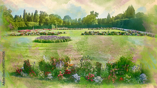 Garden in Czech Republic watercolour pattern colourful illustration