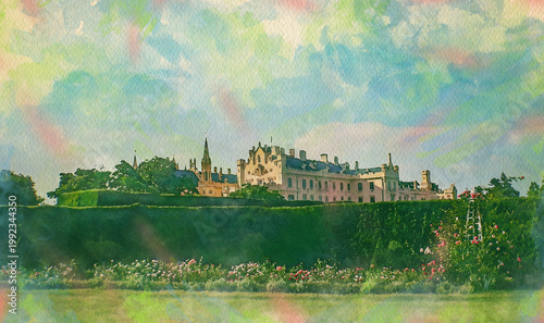 A Castle in Lednice Czech Republic watercolour pattern colourful illustration