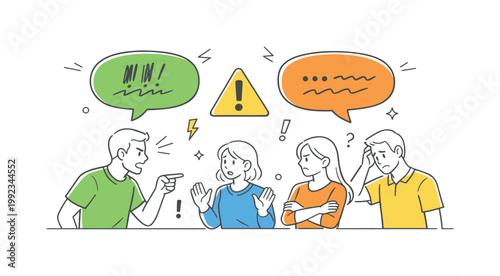 Negative criticism or conflict situation where feedback is delivered poorly and creates tension, depicted by two opposing speech bubbles and a simple warning icon as the