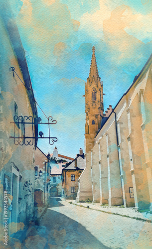Street of Bratislava with church watercolour pattern colourful illustration