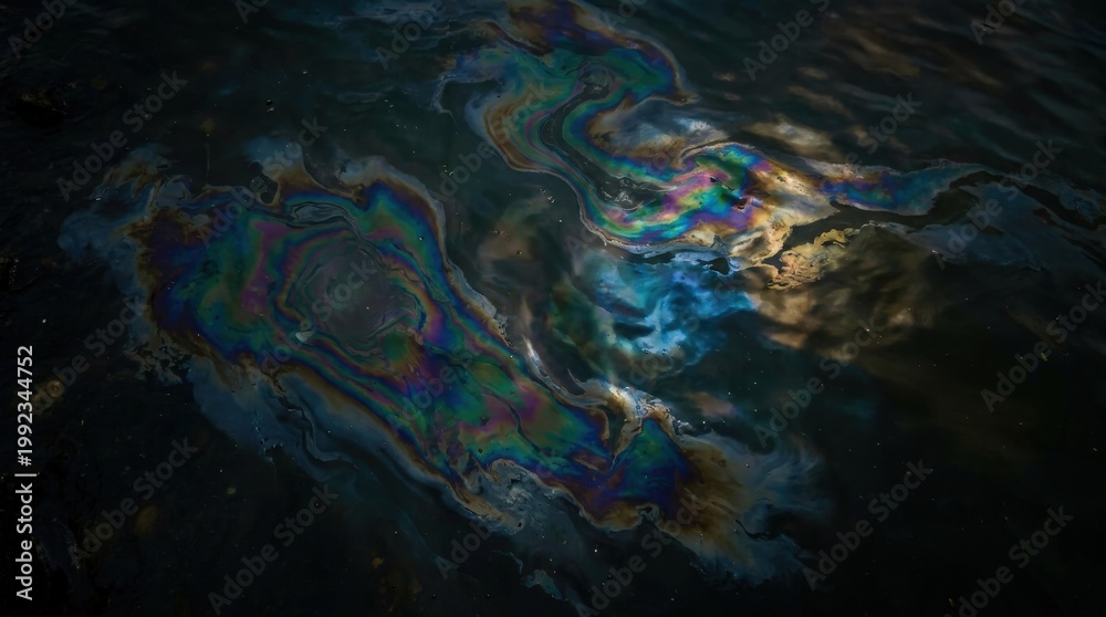 Naklejka premium vibrant oil slick swirls with iridescent rainbow colors on dark water surface