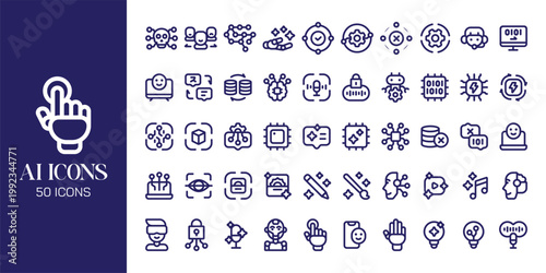 Artificial Intelligence Icon Set with AI Brain, Machine Learning, Robot, Data Network and Futuristic Technology Vector Collection