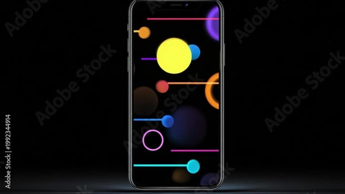 Phone displaying a colorful abstract pattern of circles and lines on a black screen