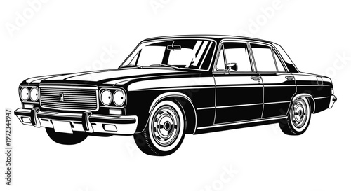 A detailed black and white illustration of a classic volga sedan showcasing its vintage design silhouette high quality professional modern elegant