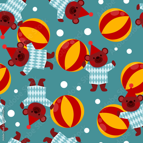 Circus Bear on Ball seamless pattern on dark green background