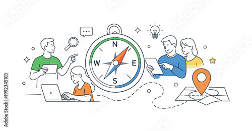 A digital navigation scenario where users move through interfaces and find information efficiently using clear directional cues, illustrated through a clean scene