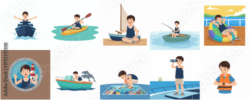 Set of illustrations of a boy on a summer sea vacation, enjoying various boat activities like fishing, sailing, and kayaking.