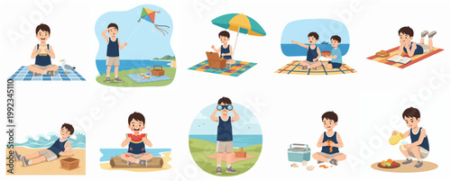 Collection of illustrations featuring a young boy enjoying summer beach activities, including picnicking, flying a kite, eating fruit, and relaxing by the sea.