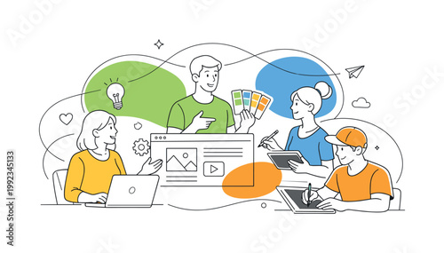 Designers creating modern visual assets for digital products and branding systems in a clean creative workflow, illustrated through a clear metaphor of overlapping