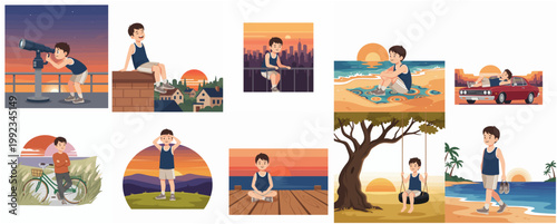 Collection of illustrations showing a young boy's outdoor adventures and quiet moments during sunset and sunrise across different landscapes.