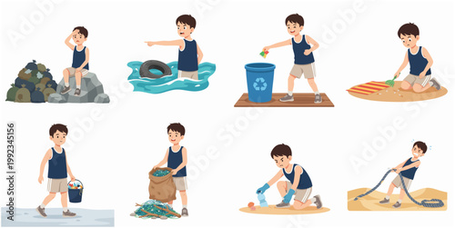 Boy Cleaning Environment and Collecting Trash from Beach and Water Illustration Set