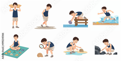 Set of illustrations showing a young boy exploring and collecting seashells on the beach during a summer vacation